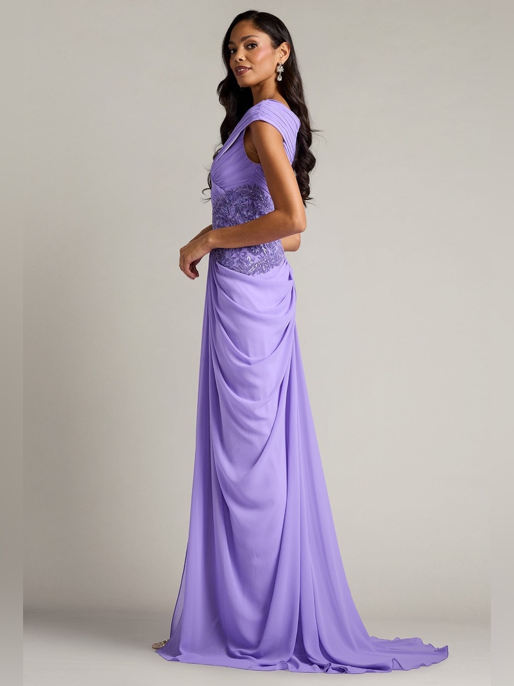 Tadashi Shoji Mihaley Lavender Mist Embroidered Waist Drape Maxi Gown Dress $538 - Picture 3 of 11